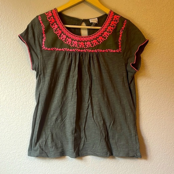 Cupio Embroidered Floral Olive & Pink Blouse sz medium - Picture 3 of 8